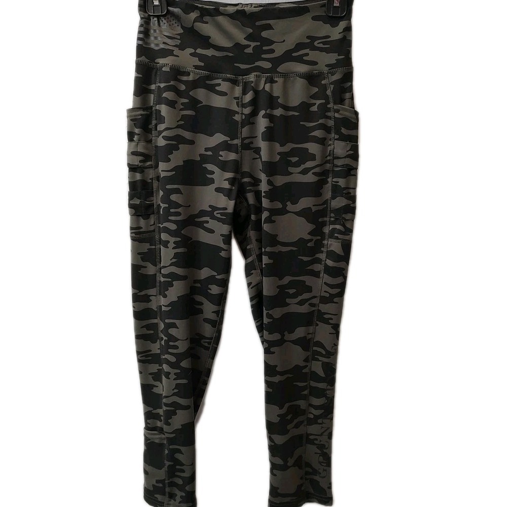 Grunt Style Women Sz Medium Green Black Camo Leggings‎ Pockets Flag Americana
